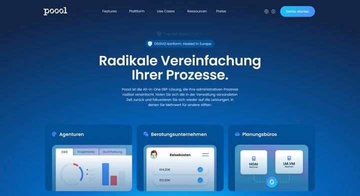Poool hat einen riesigen Funktionsumfang und deckt je nach Branche verschiedenste Anforderungen ab; darüber steht aber immer der Anspruch, Prozesse und Projekte massiv zu vereinfachen