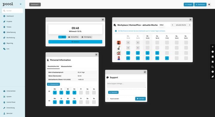 Die übersichtlichen Dashboards in Poool halten alle wichtigen Informationen für dich und dein Team bereit