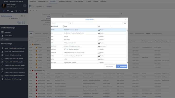 Dank der Such- und Filteroptionen finden Sie Ihre Kund:innen und Projekte deutlich schneller