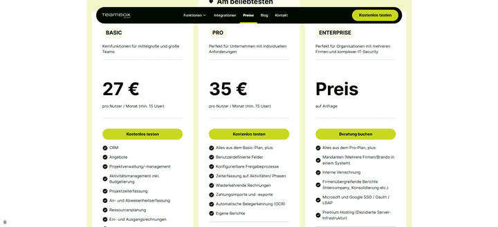 Ein Blick auf die Preise von TEAMBOX