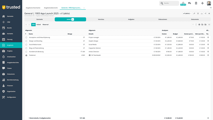 Für jedes Kundenprojekt zeigt dir Teamleader Orbit eine Übersicht der Positionen aus deinem Leistungskatalog, die du dann für dein Angebot auswählen kannst
