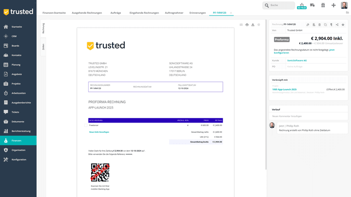 Teamleader unterstützt E-Rechnungen in den Formaten XRechnung und ZUGFeRD sowie QR-Rechnungscodes