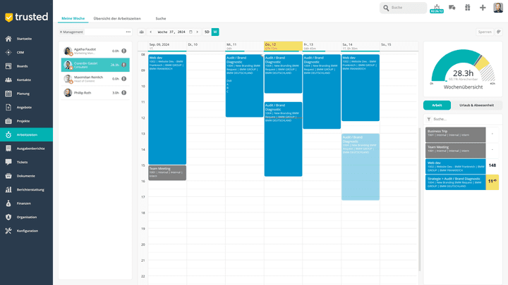 Zentraler Bestandteil der Wochenplanung ist das TimeSheet: hier siehst du alle geplanten Aufgaben und Termine