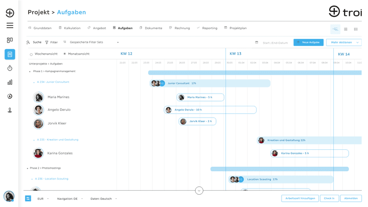 In Troi nutzen Sie Tools wie die Gantt-artige Projektplanung in der Timeline
