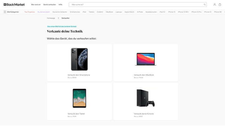 Das Verkaufsportal arbeitet mit Kacheln, die Suchfunktion am oberen Rand ist aber nur für den Gerätekauf