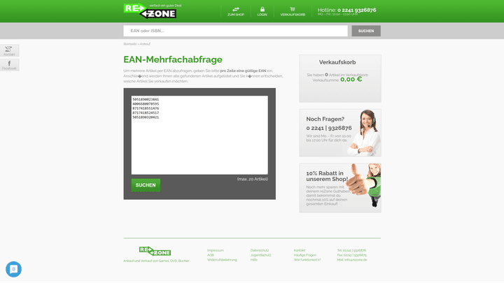 In die Mehrfachabfrage kopierst du die EANs einfach untereinander rein