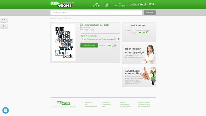 Bei älteren Büchern bietet reZone nur einen Cent. Dafür lass’ ich den Verkauf lieber sein.