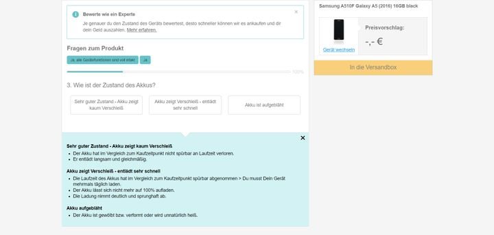 Die Bewertung bei reBuy erfolgt mittels einfacher Fragen; auch kleine Mängel drücken den Preis nach unten