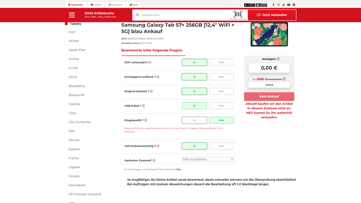 Beantwortest du die Produktfragen ordnungsgemäß, erfährst du sofort, ob sich für ZOXS ein Ankauf lohnt
