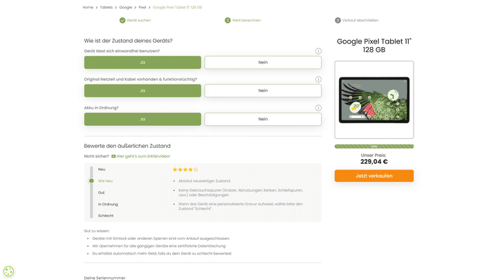 Wirkaufens möchte von dir nur wenige Informationen zu dem Gerät, das du verkaufen möchtest. Das beschleunigt den Verkaufsprozess.