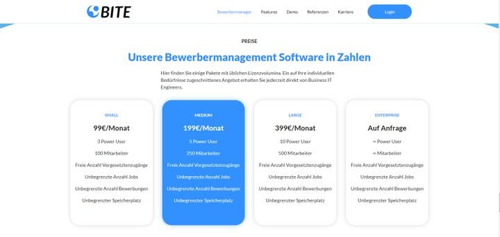 Den BITE Bewerbermanager gibt es in den vier Größen “Small”, “Medium”, “Large” und “Enterprise”