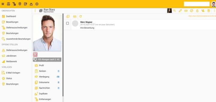 Jedes Bewerberprofil in BITE verfügt über ein eigenes Postfach; ein zentrales Postfach gibt es nicht