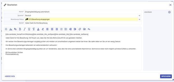 Erstellen Sie E-Mail-Vorlagen und verknüpfen sie diese mit einem Bewerbungsstatus, um Ihre Kommunikation zu automatisieren