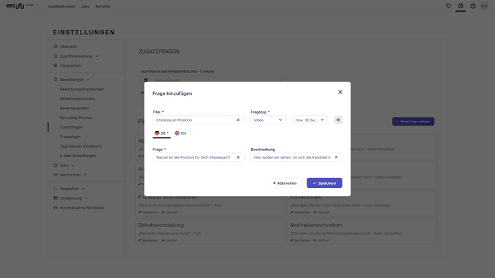 Rekrutieren Sie neues Personal im Video-Format mit der besten kostenlosen Recruiting-Software onlyfy