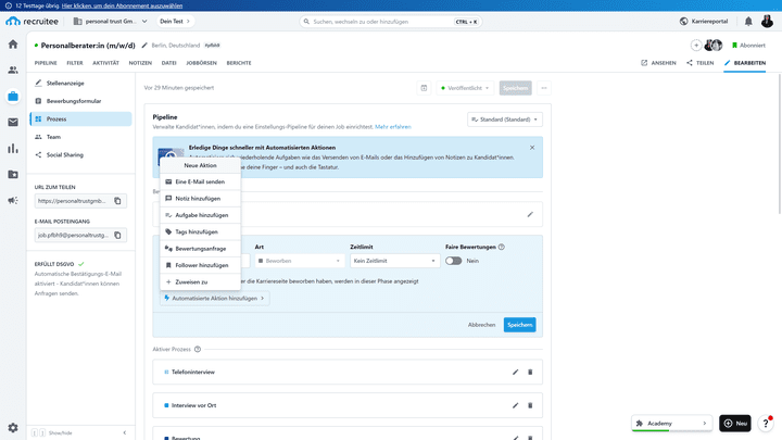 Mit Tools wie Recruitee sind Automatisierungen im Handumdrehen angelegt