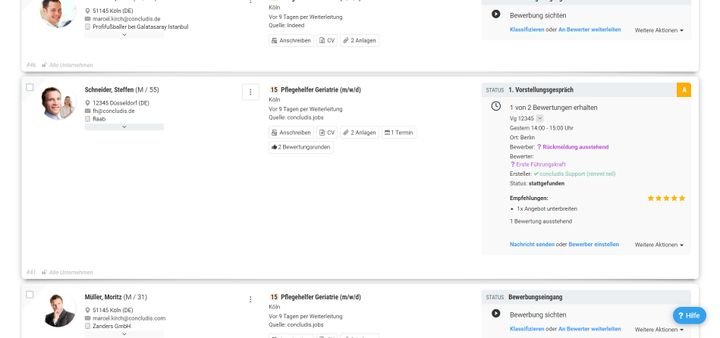 Auch der aktuelle Bewerbungsstatus und die anstehenden Aufgaben lassen sich hier einsehen