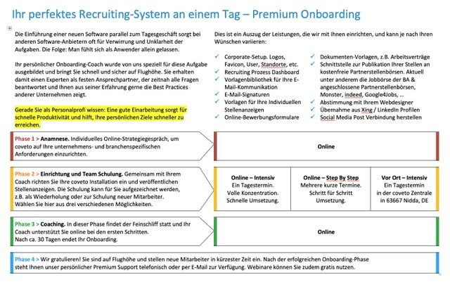 Hier sehen Sie einen Auszug aus den Onboarding-Leistungen, die coveto bietet