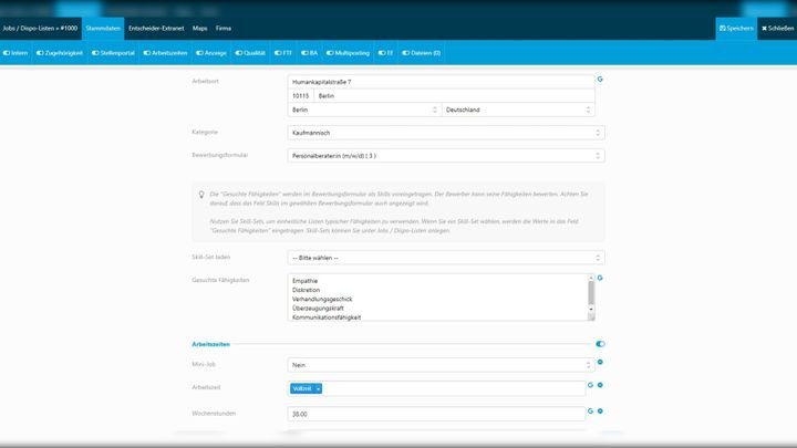 Vordefinierte Skill-Sets erscheinen später im Formular für Stellenausschreibungen