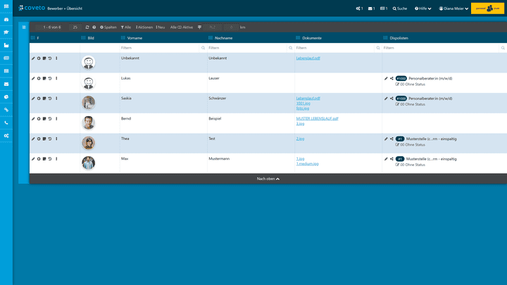 coveto bietet eine übersichtliche Bewerberdatenbank im Tabellen-Format