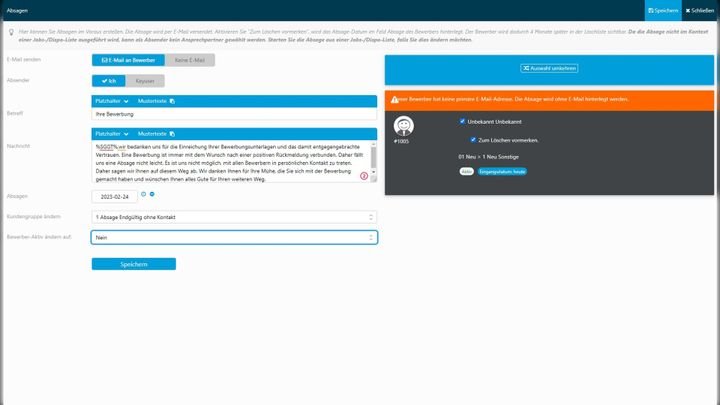 Nehmen Sie Absagen direkt aus der Bewerberdatenbank heraus vor