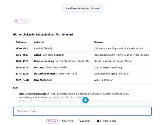 Hier siehst du die coveto KI in Aktion; die künstliche Intelligenz kann z.B. Lebensläufe und Anschreiben für dich analysieren und übersichtlich alle Fragen beantworten, die du dazu haben könntest.