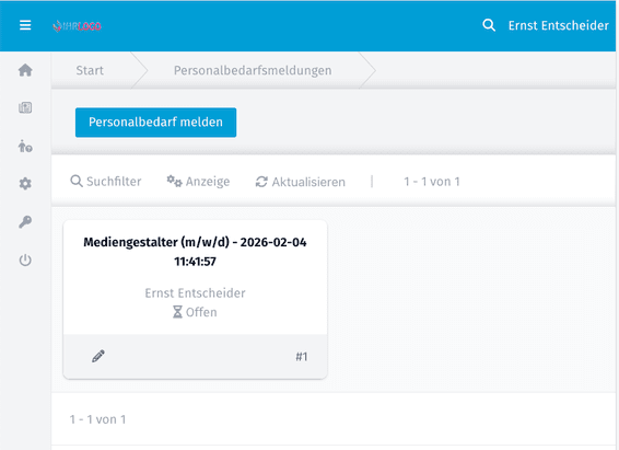 Alles beginnt mit der Personalbedarfsmeldung. Hier können deine Fachabteilungen melden, dass und wo es Bedarf gibt und den Ball damit ins Rollen bringen.