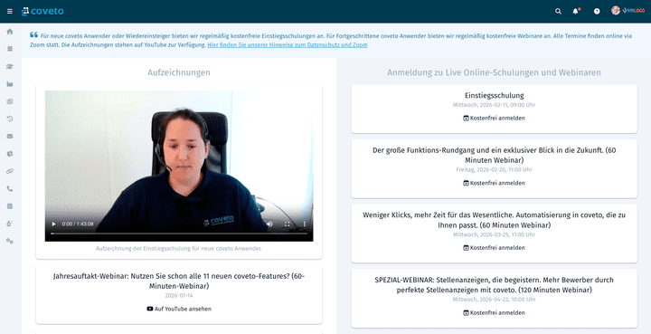 Nett: Für bestehende und neue Nutzer:innen bietet coveto regelmäßig Webinare und Schulungen an.