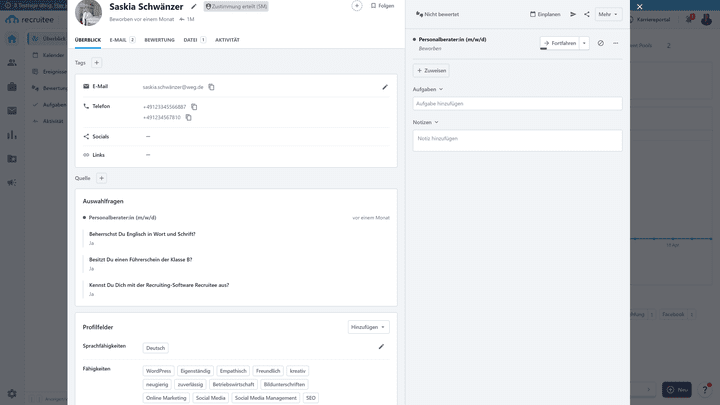 Fähigkeiten, Sprachkenntnisse und die Berufserfahrung erkennt Recruitee automatisch