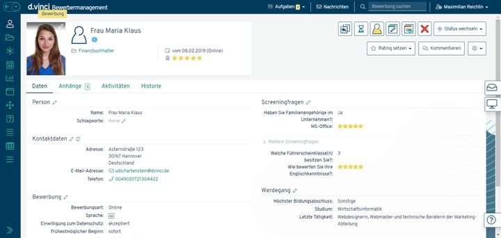 Alle Daten Ihrer KandidatInnen landen in d.vinci in übersichtlichen Bewerberprofilen
