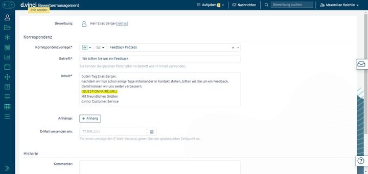 Die Kommunikation mit Ihren BewerberInnen läuft in d.vinci per Mail mithilfe von selbst erstellten Vorlagen