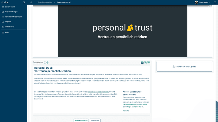 Im Bewerbungsportal repräsentieren Sie sich mit wenigen Zeilen selbst