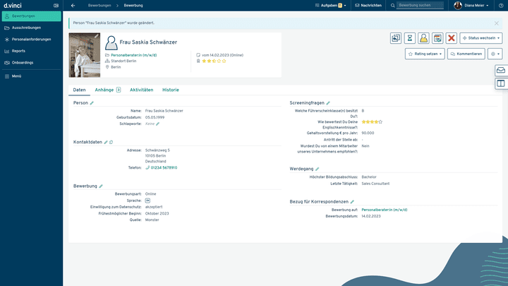d.vinci liefert ein ausführliches Bewerberprofil