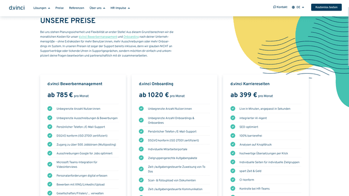 Preise und Funktionen der d.vinci-Pakete