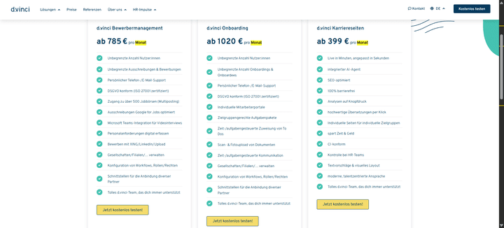 Die Einstiegspreise von d.vinci im Überblick.