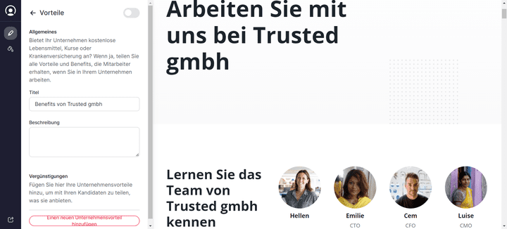 Im Factorial-Editor baust du dir spielend leicht und ohne Code deine eigene ansprechende Karriereseite zusammen