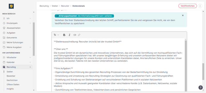 Die Factorial KI unterstützt dich auf Wunsch bei der Formulierung deiner Stellenanzeigen