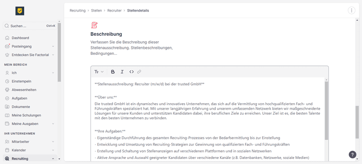 Der Texteditor für deine Stellenbeschreibung fällt ziemlich schlank aus
