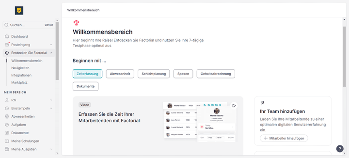 Der Willkommensbereich von Factorial ist das erste, was neue Nutzer:innen sehen. So bekommst du eine nette kleine Einführung ins Tool.