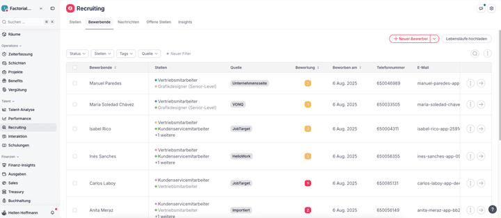 Deine Bewerber:innen gelangen automatisch ins System und werden in einer übersichtlichen Datenbank angezeigt.