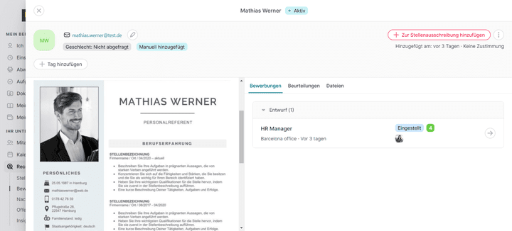 Daten und Dokumente deiner Kandidat:innen fasst Factorial in einem übersichtlichen Profil für dich zusammen.