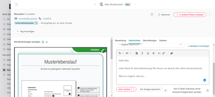 Um mit deinen Bewerber:innen in Kontakt zu bleiben, schreibst du direkt von ihrem Profil aus Nachrichten per E-Mail.