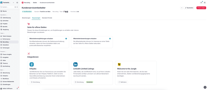 Internes Recruiting ist in Factorial möglich; ebenso wie ein Werbe- bzw. Empfehlungsprogramm für Mitarbeiter:innen.
