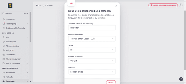 Mit übersichtlichen Eingabemasken gelangst du in Factorial schnell und einfach zu einer neuen Stellenanzeige.