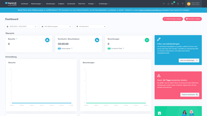 Im Recruiting-Dashboard finden Sie wichtige Kennzahlen über Ihre Karriereseite, Bewerbungen und mehr
