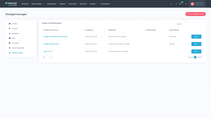 Legen Sie Vorlagen für unterschiedliche Stellen an