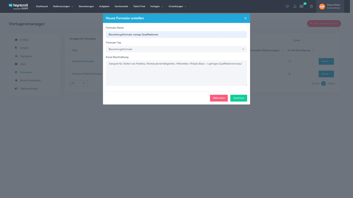 Legen Sie neue Vorlagen für Formulare mit einer Beschreibung an
