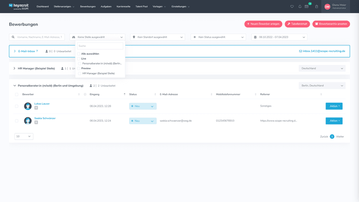 Filtern Sie Ihre Bewerbungen nach Standort, Stelle und mehr