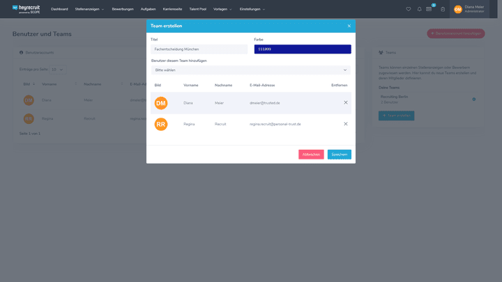Erstelle Teams mit wenigen Klicks und binde alle Beteiligten in den Recruiting-Prozess ein