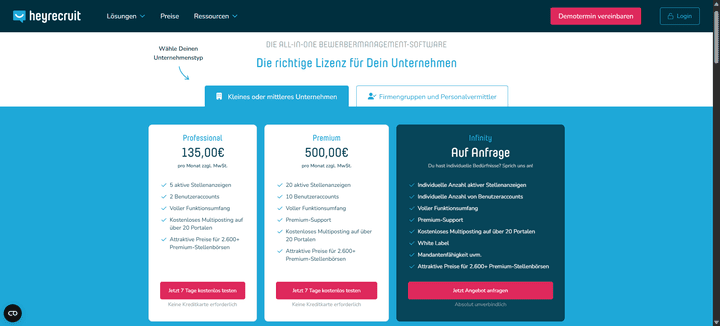 Die Preispakete von Heyrecruit im Überblick.