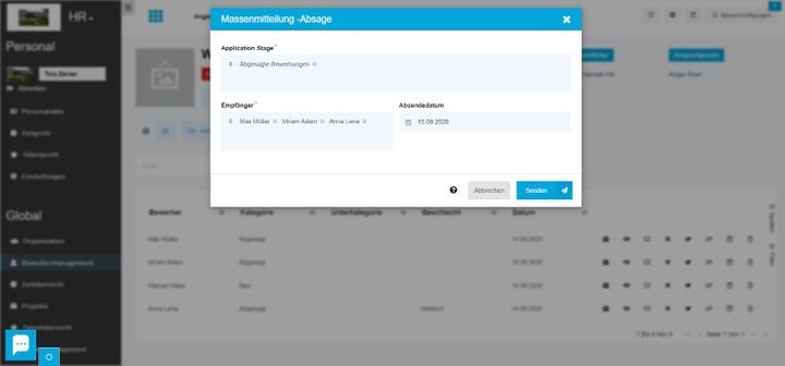Versenden Sie auf Wunsch Massenmitteilungen an alle BewerberInnen in einer bestimmten Bewerbungsphase